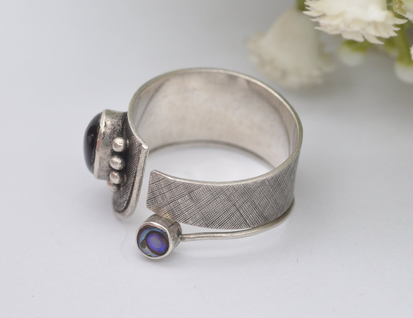 Silver Onyx & Paua Shell Ring Studio Design - Double Stone Feature / Adjustable Unisex / Unusual Ring / Abalone / UK Size - S / US Size - 9