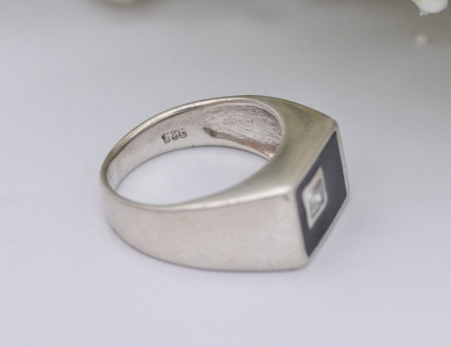 Silver & Onyx Signet Ring with Clear Stone - Vintage 925 Sterling / Statement Signet / Chunky Men's Ring / UK Size - P 1/2 / US Size - 7 3/4