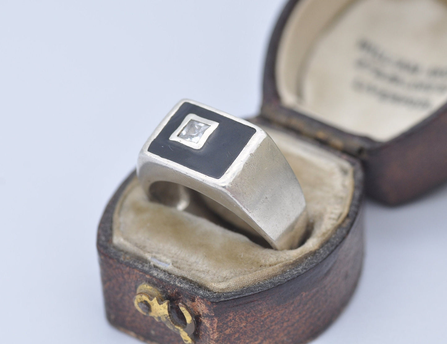 Silver & Onyx Signet Ring with Clear Stone - Vintage 925 Sterling / Statement Signet / Chunky Men's Ring / UK Size - P 1/2 / US Size - 7 3/4