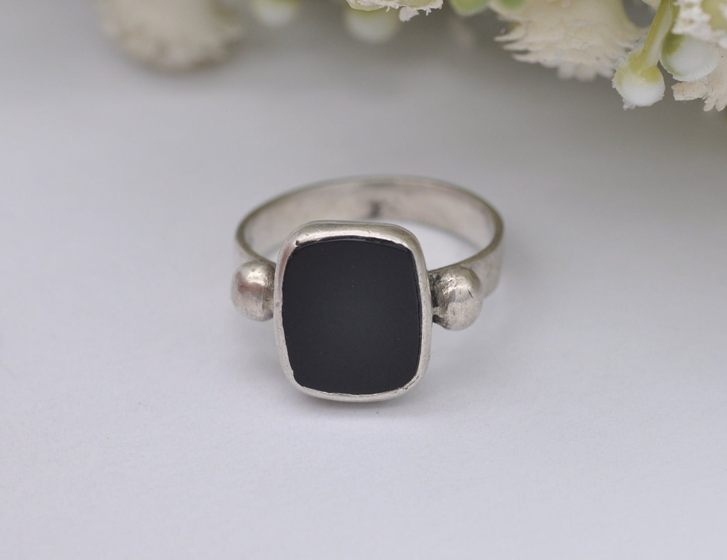 Vintage Sterling Silver and Onyx Statement Ring - 1980 / Chunky Cocktail / 925 / Black Square Stone / Unisex / UK Size - N / US Size - 6 1/2