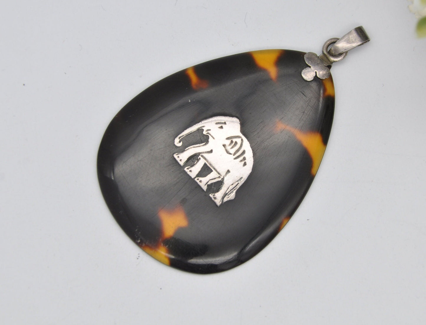 Antique Tortoiseshell Sterling Silver Elephant Pendant - Early 20th Century 1920s 1930s / Indian Elephant / Nature Lover / Engraved Necklace