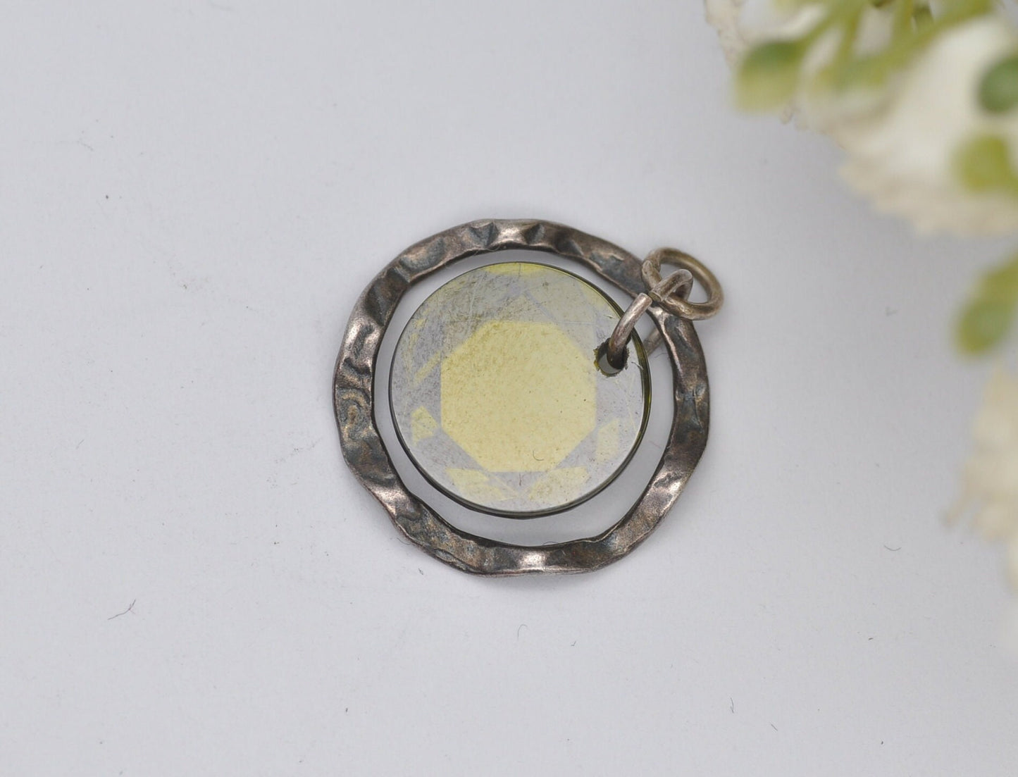 Silver & Faceted Green Glass Pendant - Textured Circle Surround / Wave Design / Articulated Drop Necklace / 925 Sterling / Gift for Her