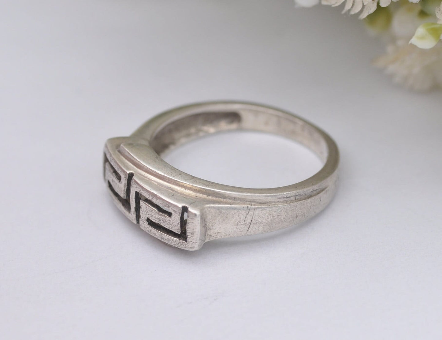 Vintage Chunky Silver Greek Key Ring - UK Size - Q 1/2 / US Size - 8 1/4