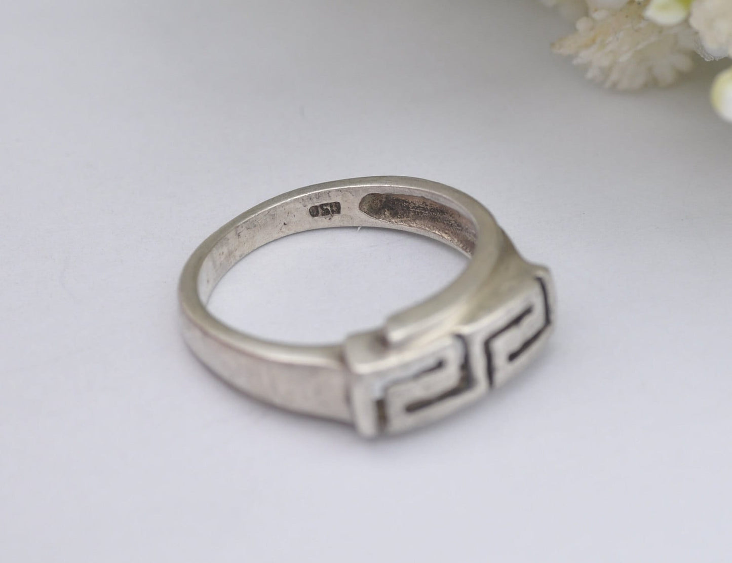Vintage Chunky Silver Greek Key Ring - UK Size - Q 1/2 / US Size - 8 1/4