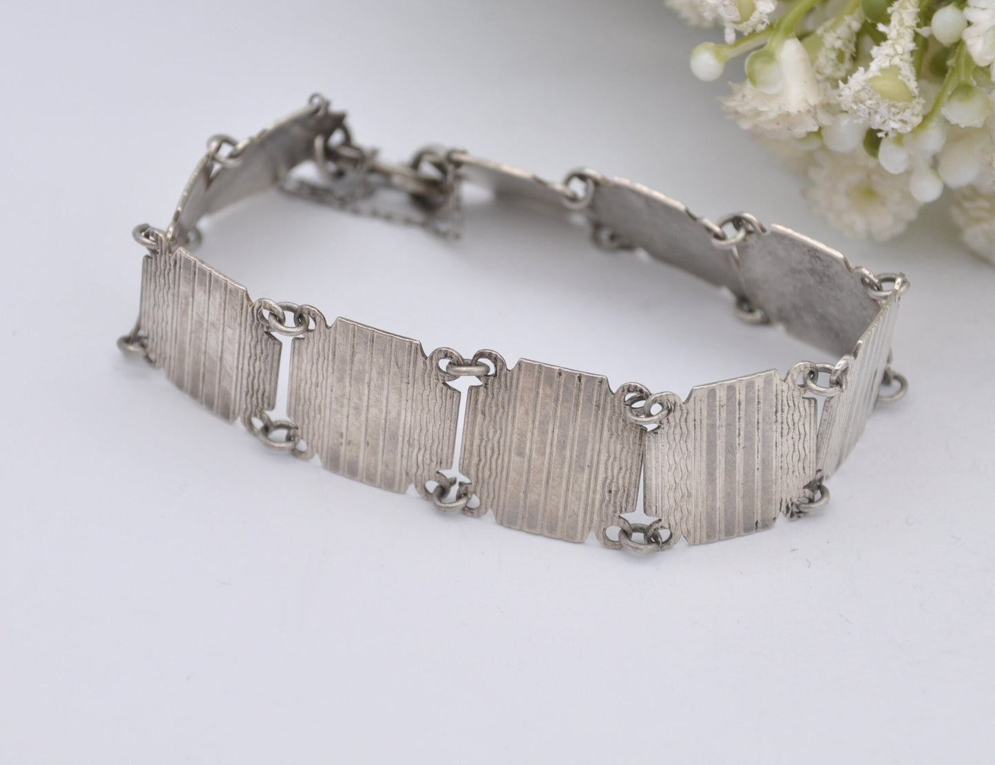 Vintage Sterling Silver Panel Bracelet - Engine Turned Stamped Canadian Treasury, Art Deco