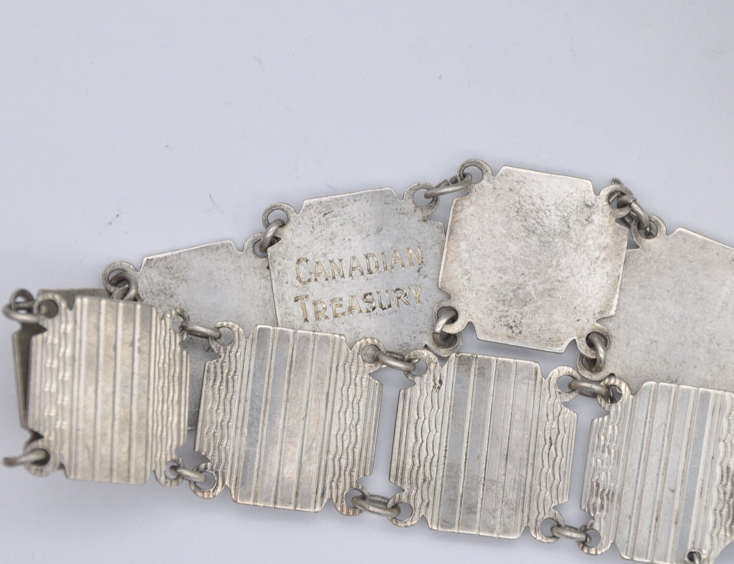 Vintage Sterling Silver Panel Bracelet - Engine Turned Stamped Canadian Treasury, Art Deco