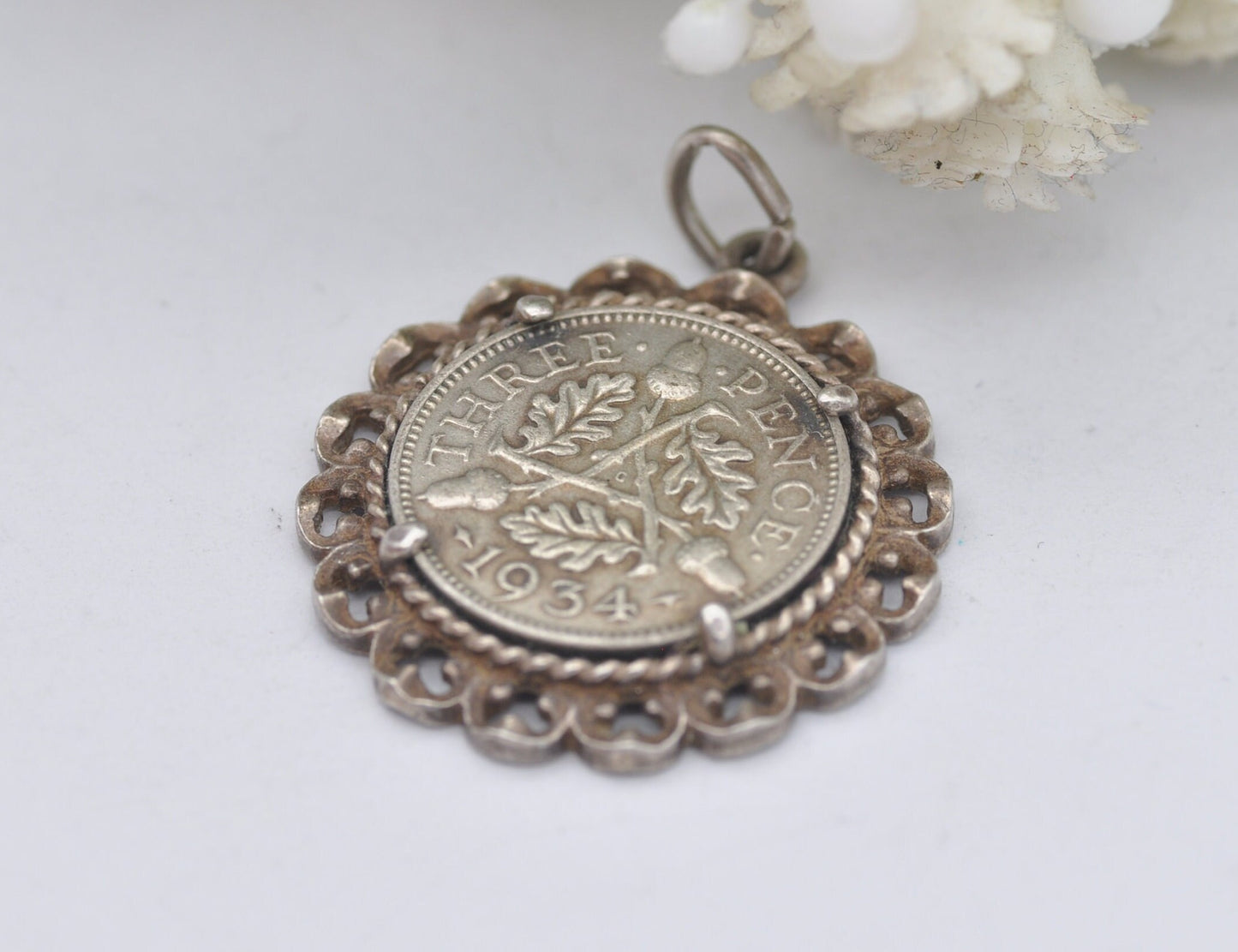 Vintage Silver George V Threepence 1934 Coin Charm - 3 Pence Pendant