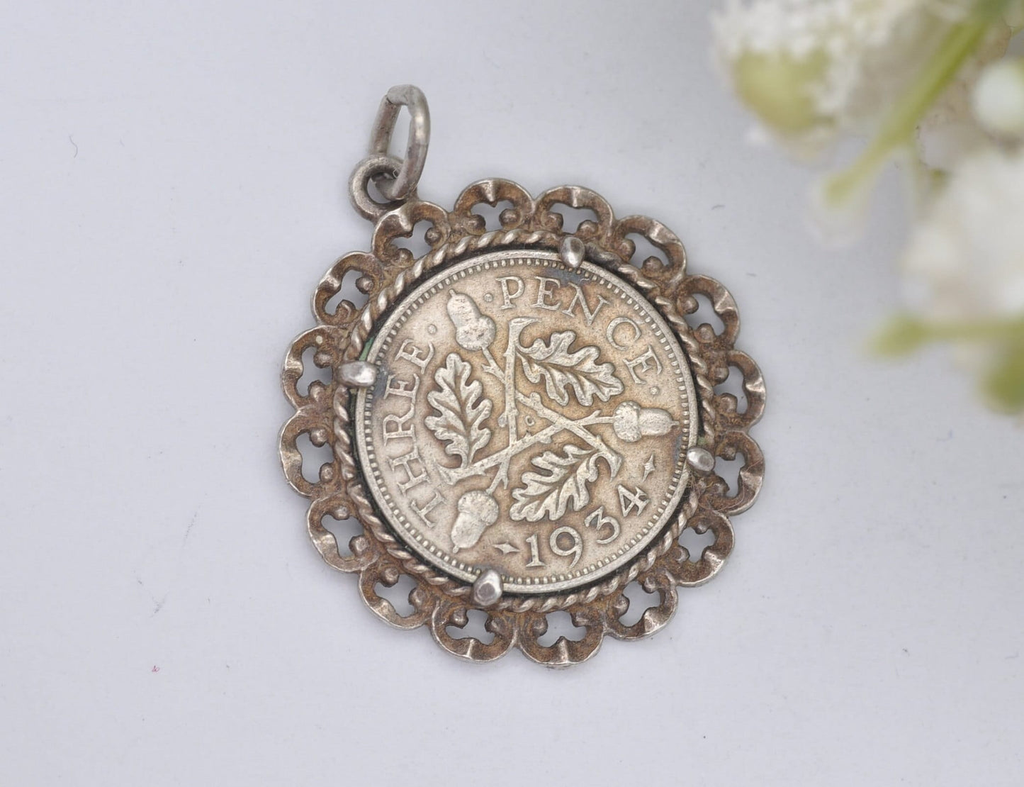 Vintage Silver George V Threepence 1934 Coin Charm - 3 Pence Pendant