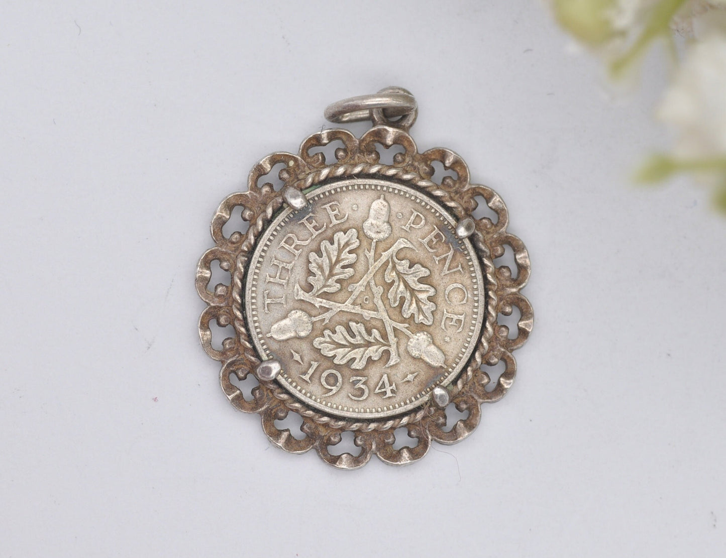 Vintage Silver George V Threepence 1934 Coin Charm - 3 Pence Pendant