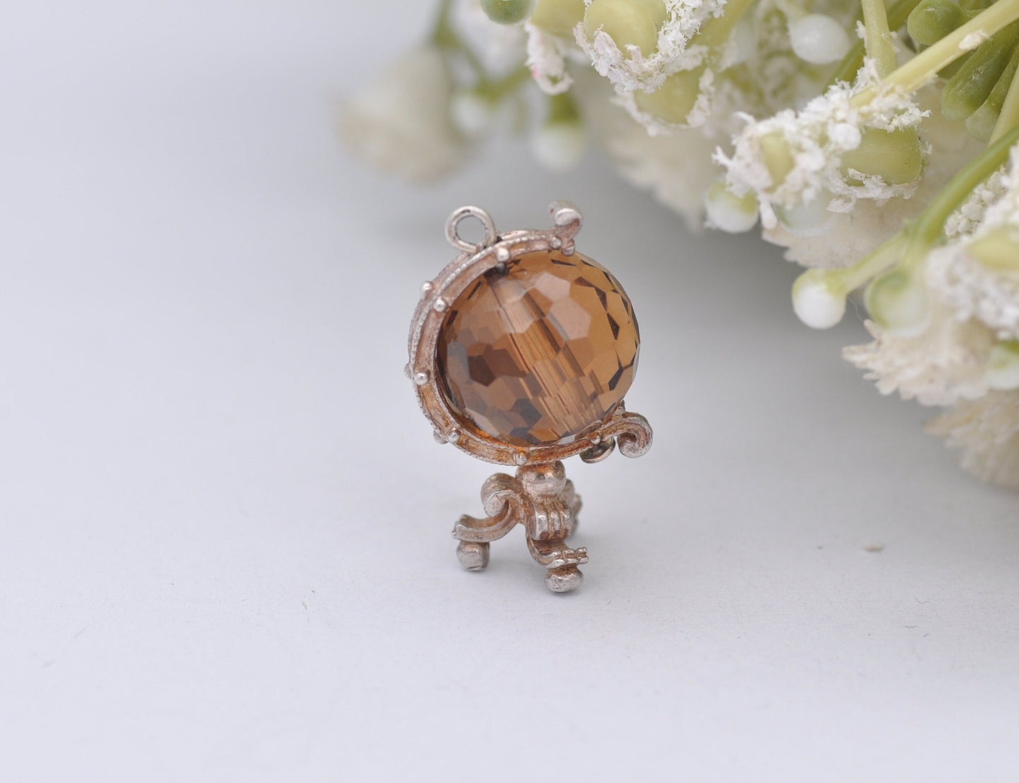 Vintage Sterling Silver Crystal Globe Charm - Spinning Pendant