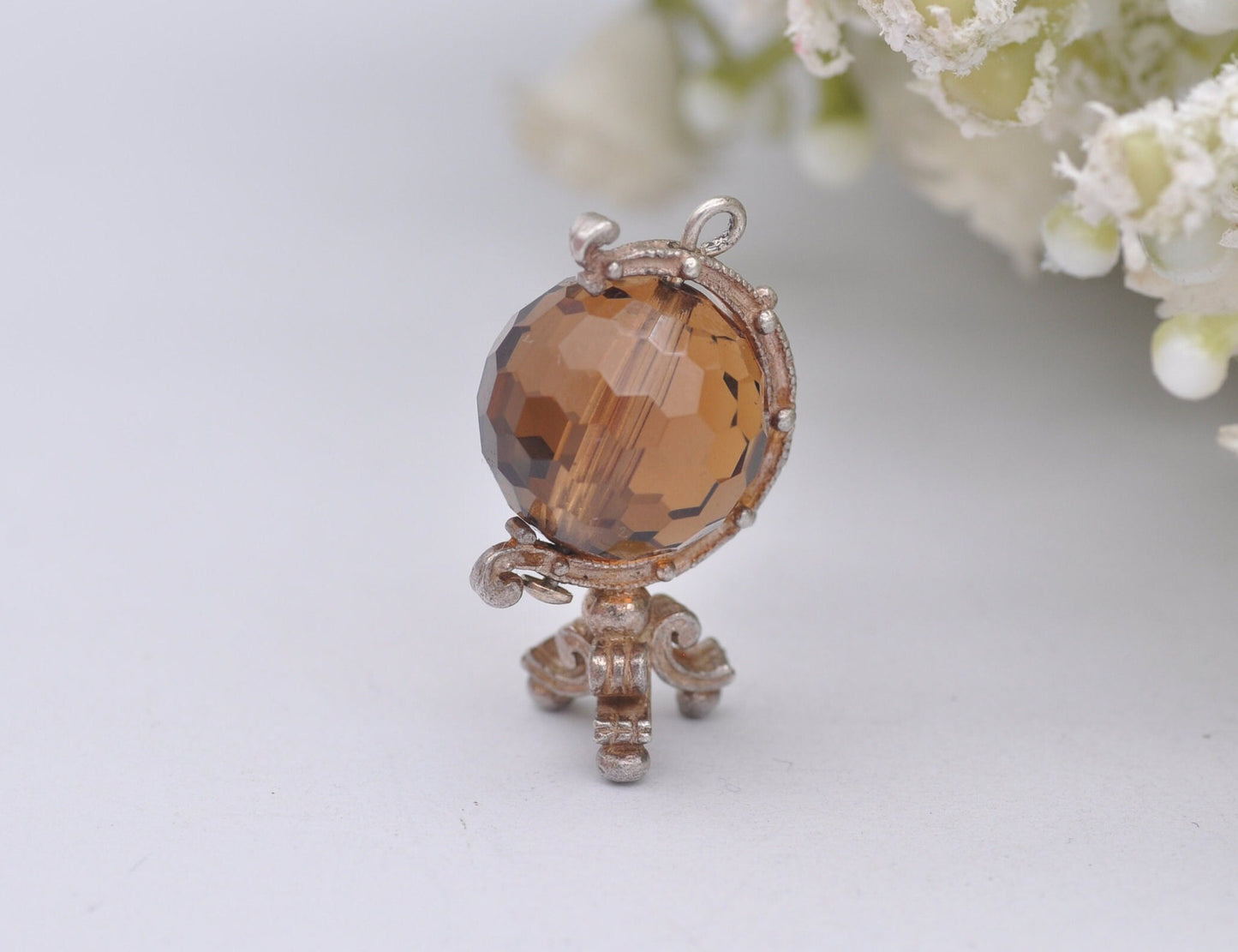 Vintage Sterling Silver Crystal Globe Charm - Spinning Pendant