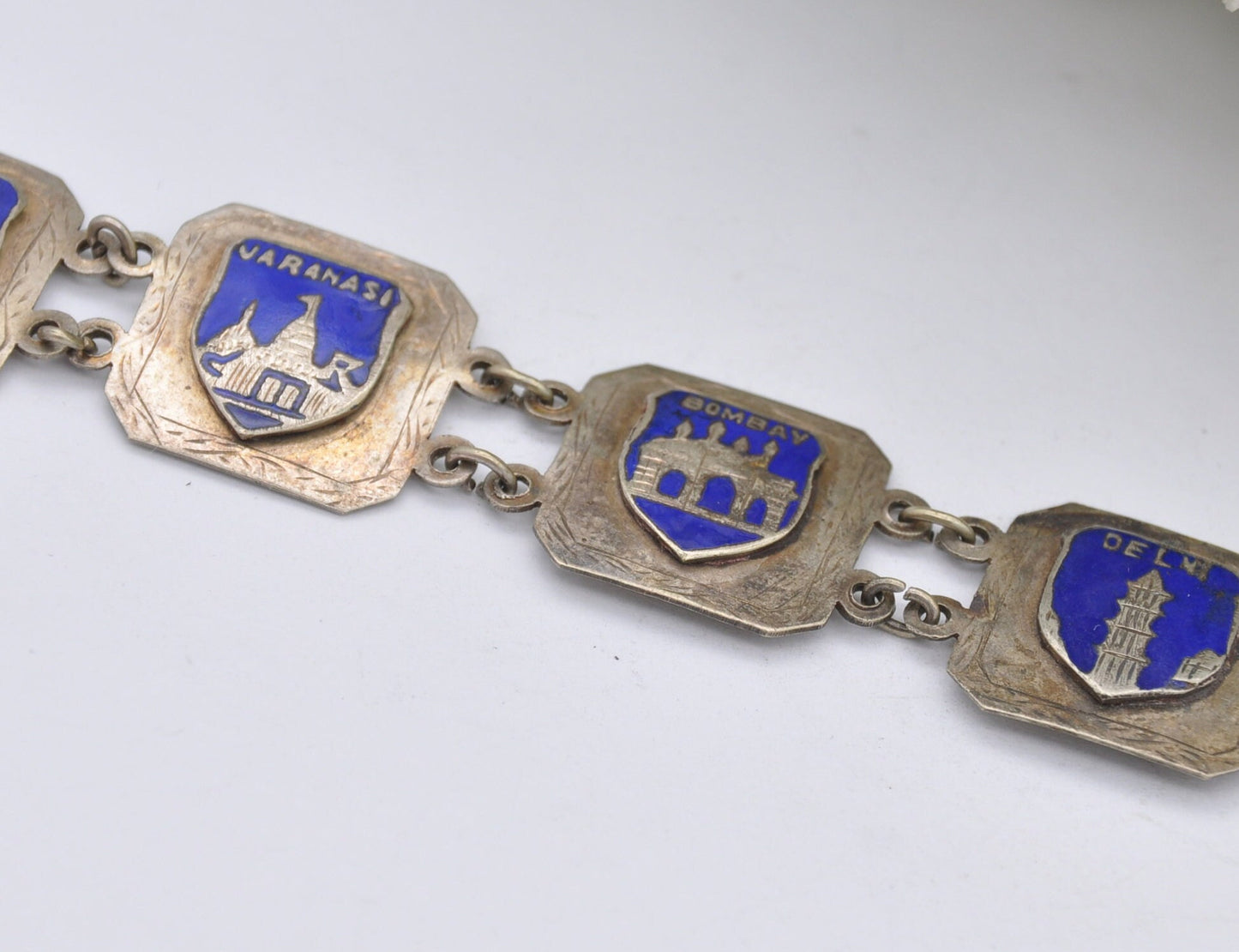 Vintage India Souvenir Panel Bracelet Silver Tone with Blue Enamel - Calcutta / Bombay / Agra