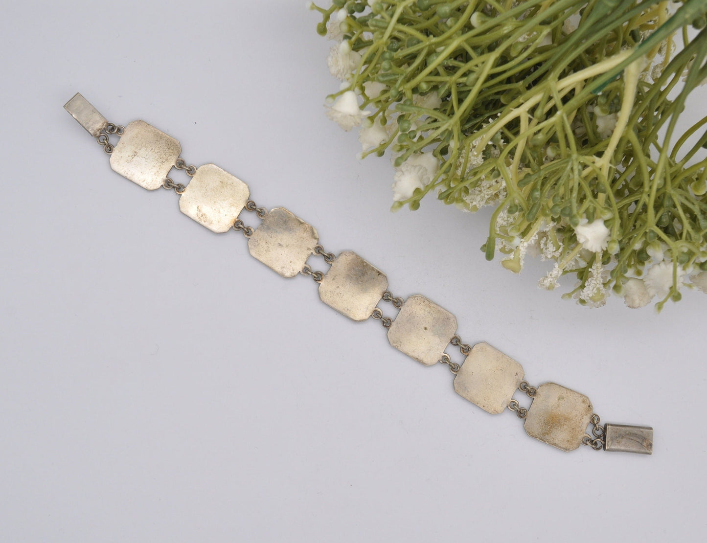 Vintage India Souvenir Panel Bracelet Silver Tone with Blue Enamel - Calcutta / Bombay / Agra