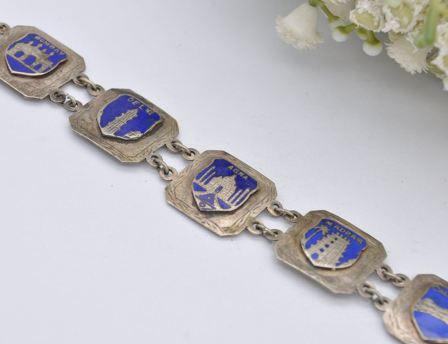 Vintage India Souvenir Panel Bracelet Silver Tone with Blue Enamel - Calcutta / Bombay / Agra