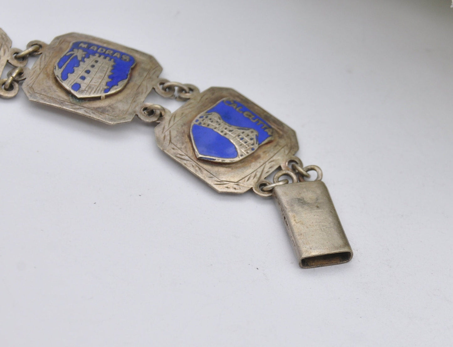 Vintage India Souvenir Panel Bracelet Silver Tone with Blue Enamel - Calcutta / Bombay / Agra