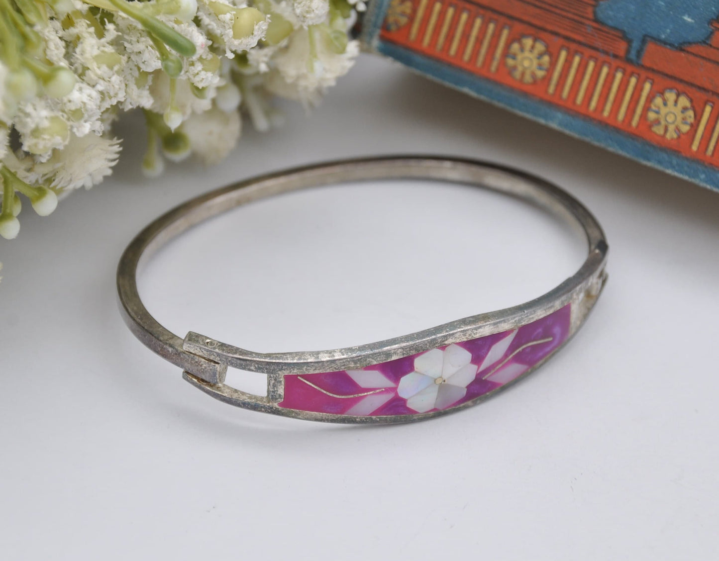 Vintage Mexico Sterling Silver Mother of Pearl Cuff Bracelet - Flower Bangle