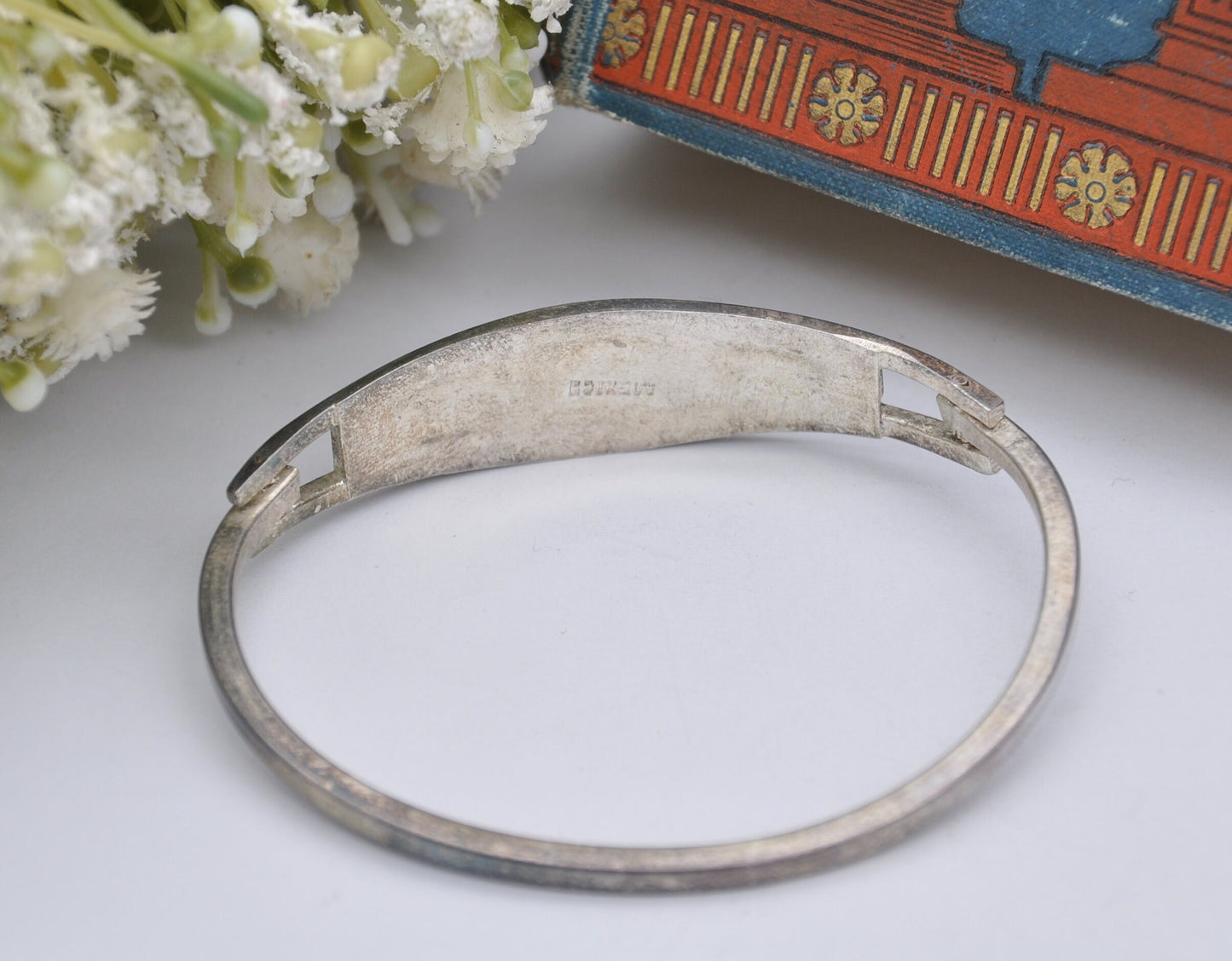 Vintage Mexico Sterling Silver Mother of Pearl Cuff Bracelet - Flower Bangle