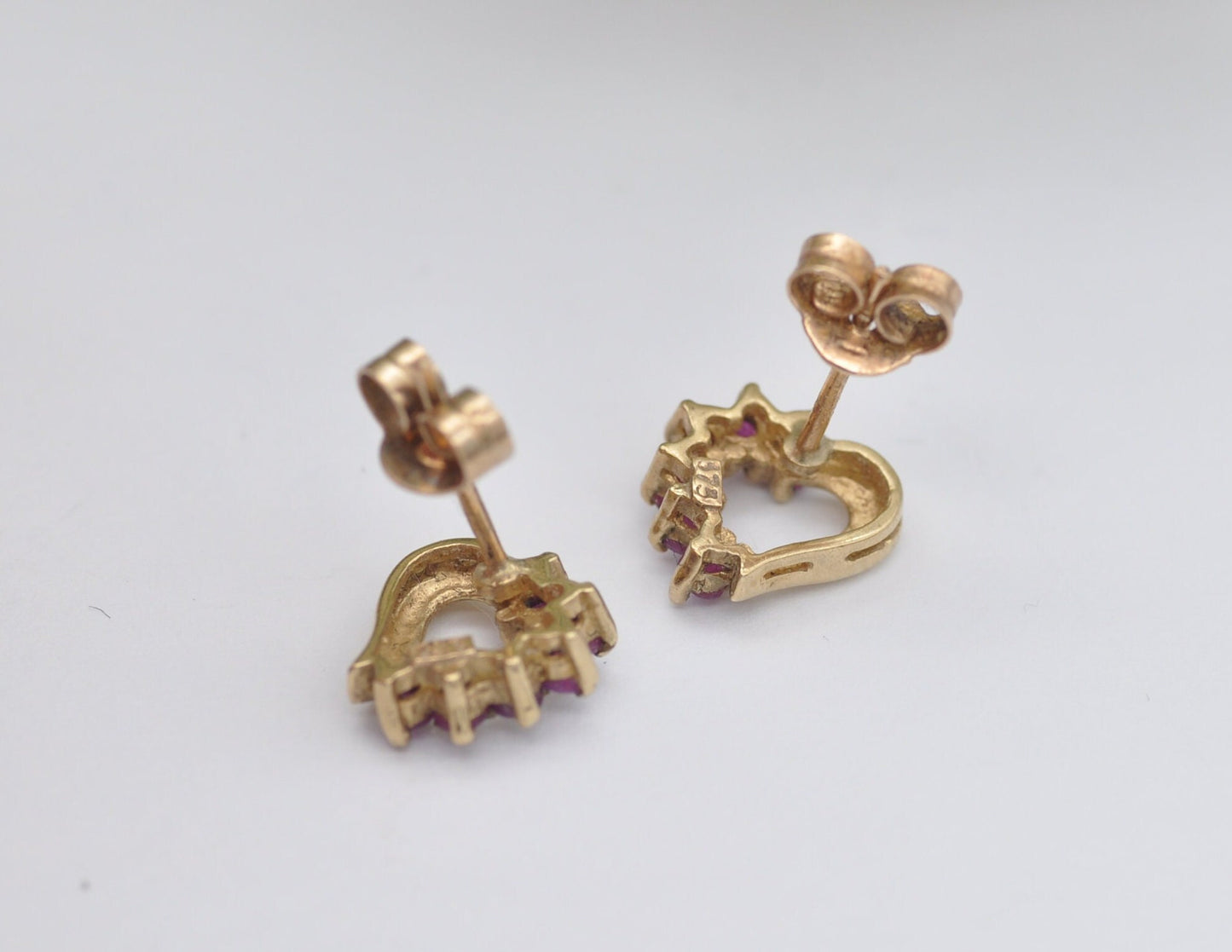 Vintage 9ct Gold & Ruby Heart Stud Earrings - Pink Gemstone / July Birthstone / Half Heart / 1980s / Butterfly Back / 9K / 375 / Solid Gold