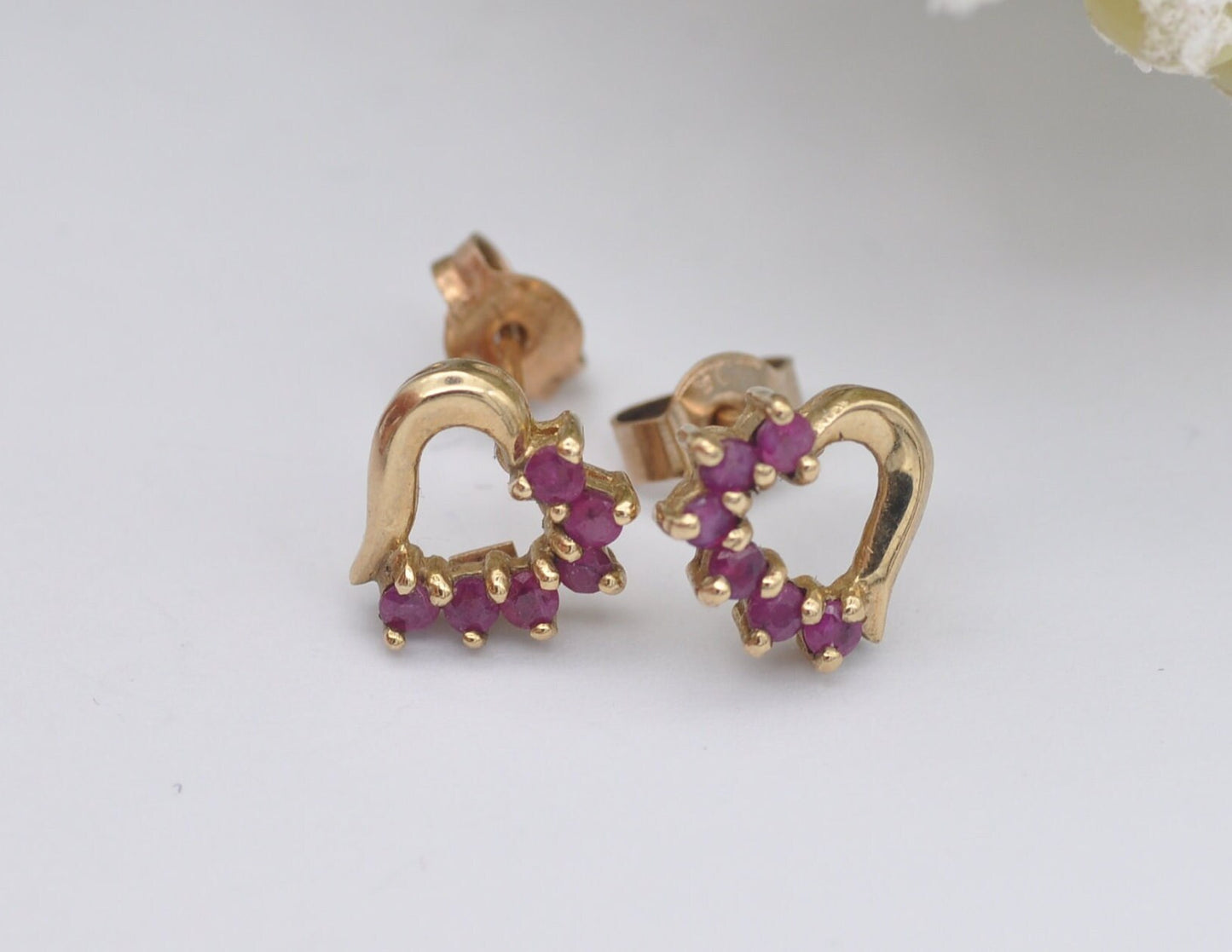Vintage 9ct Gold & Ruby Heart Stud Earrings - Pink Gemstone / July Birthstone / Half Heart / 1980s / Butterfly Back / 9K / 375 / Solid Gold