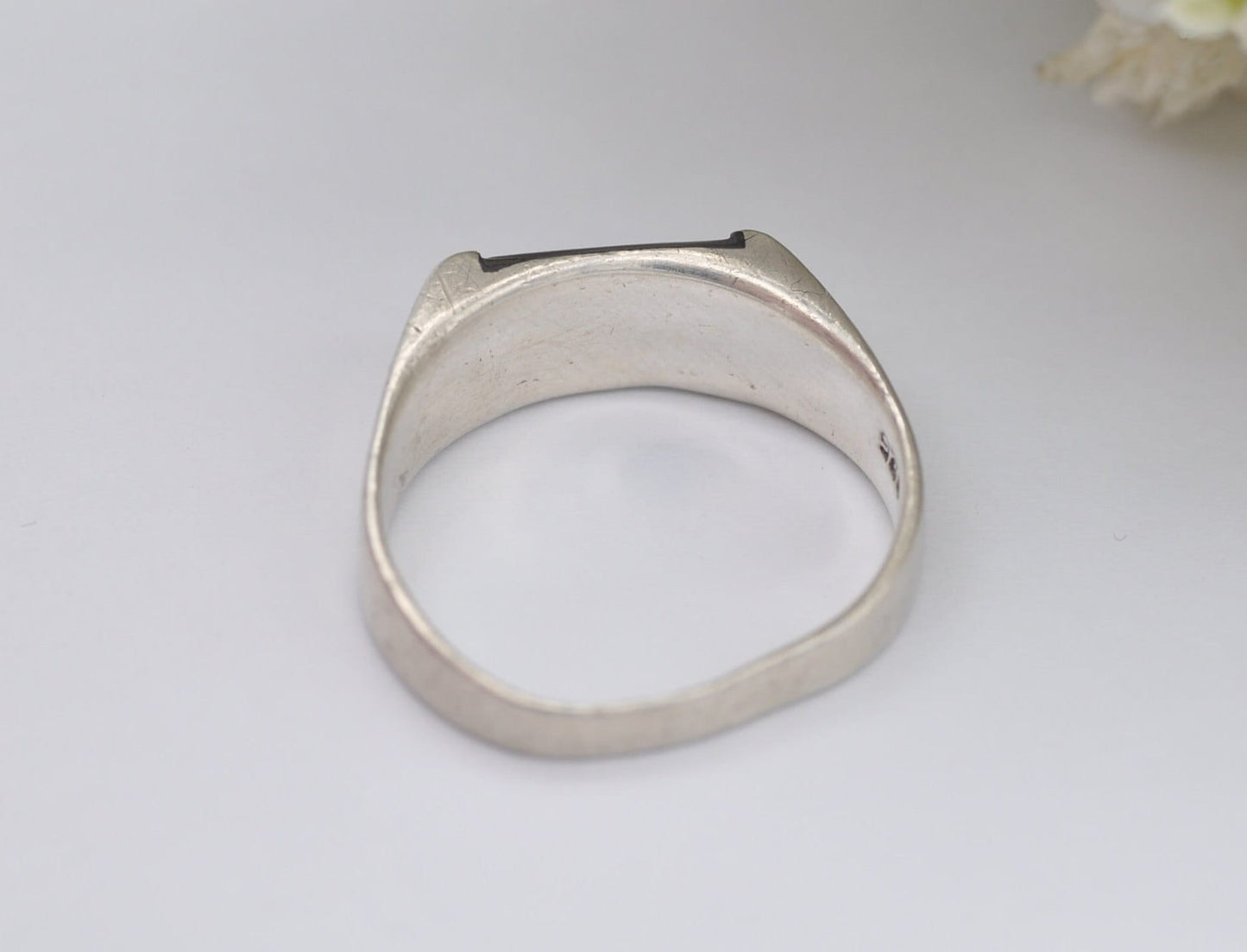 Black Mother of Pearl Silver Ring - Rectangle Signet Shape / Vintage Shell / Pearlescent / 925 Sterling / UK Size - O 1/2 / US Size - 7 1/2