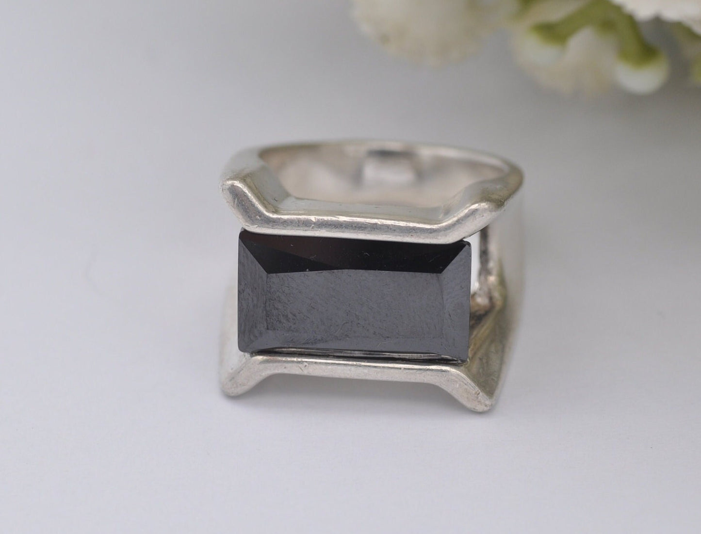 Silver Hematite Ring Vintage 1970s Mid-Century - European 935 Silver | Rectangular Gemstone | Large Chunky | UK Size - N | US Size - 6 3/4
