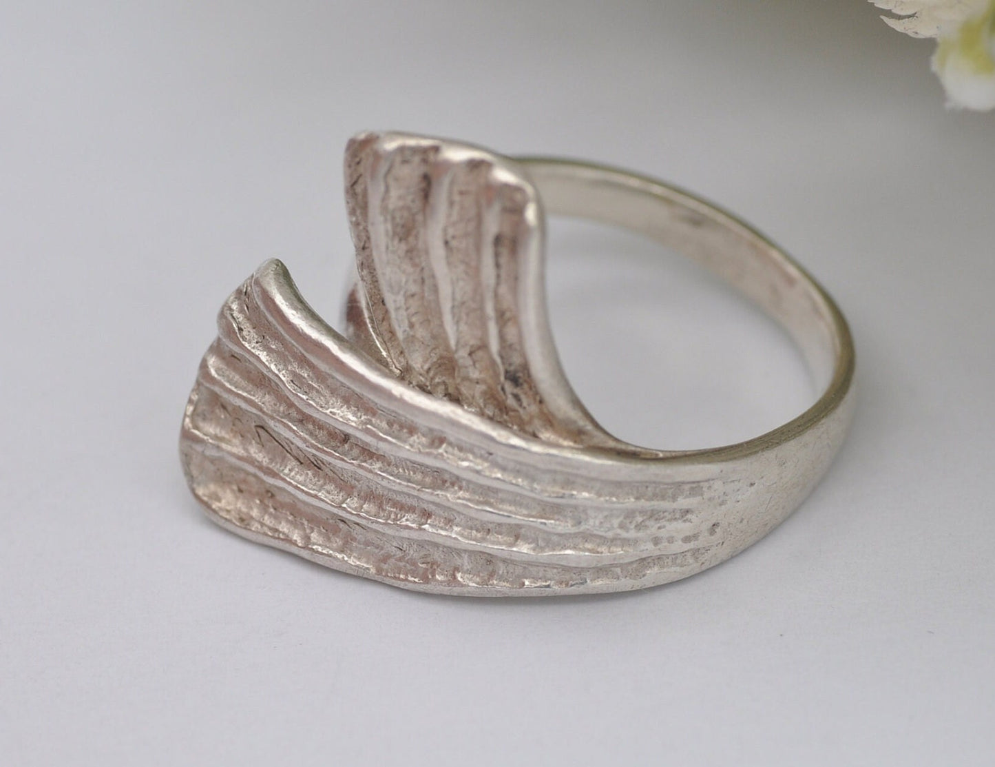 Silver Crossed Wave Ring - Unisex Chunky 925 Sterling Silver Ring | Textured | Modernist | Statement Minimalist | UK Size - S | US Size - 9