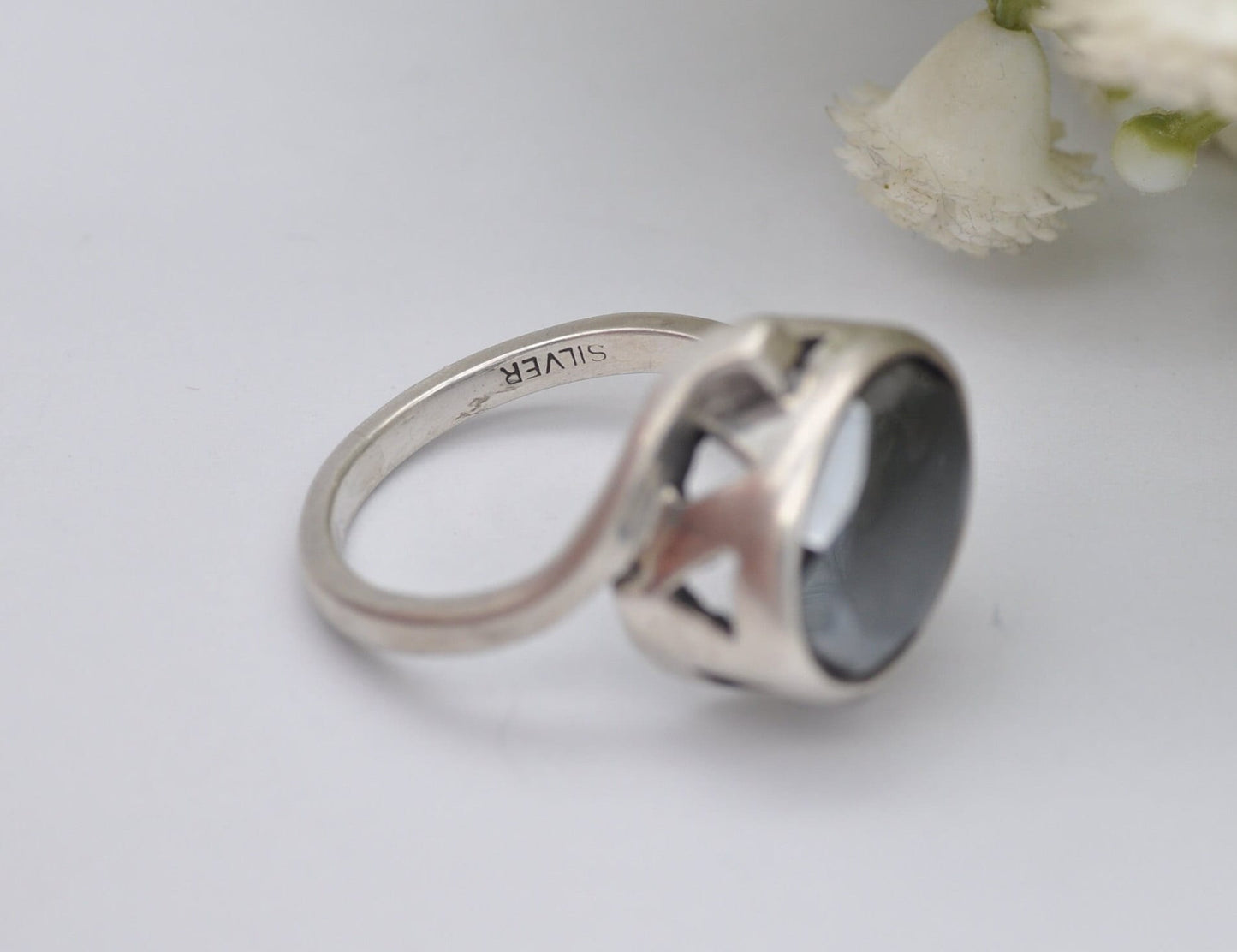 Vintage Sterling Silver Hematite Ring - Mid-Century Modern | 1950s | 1960s | Faceted Gemstone | Chunky | UK Size - P 1/2 | US Size - 7 3/4