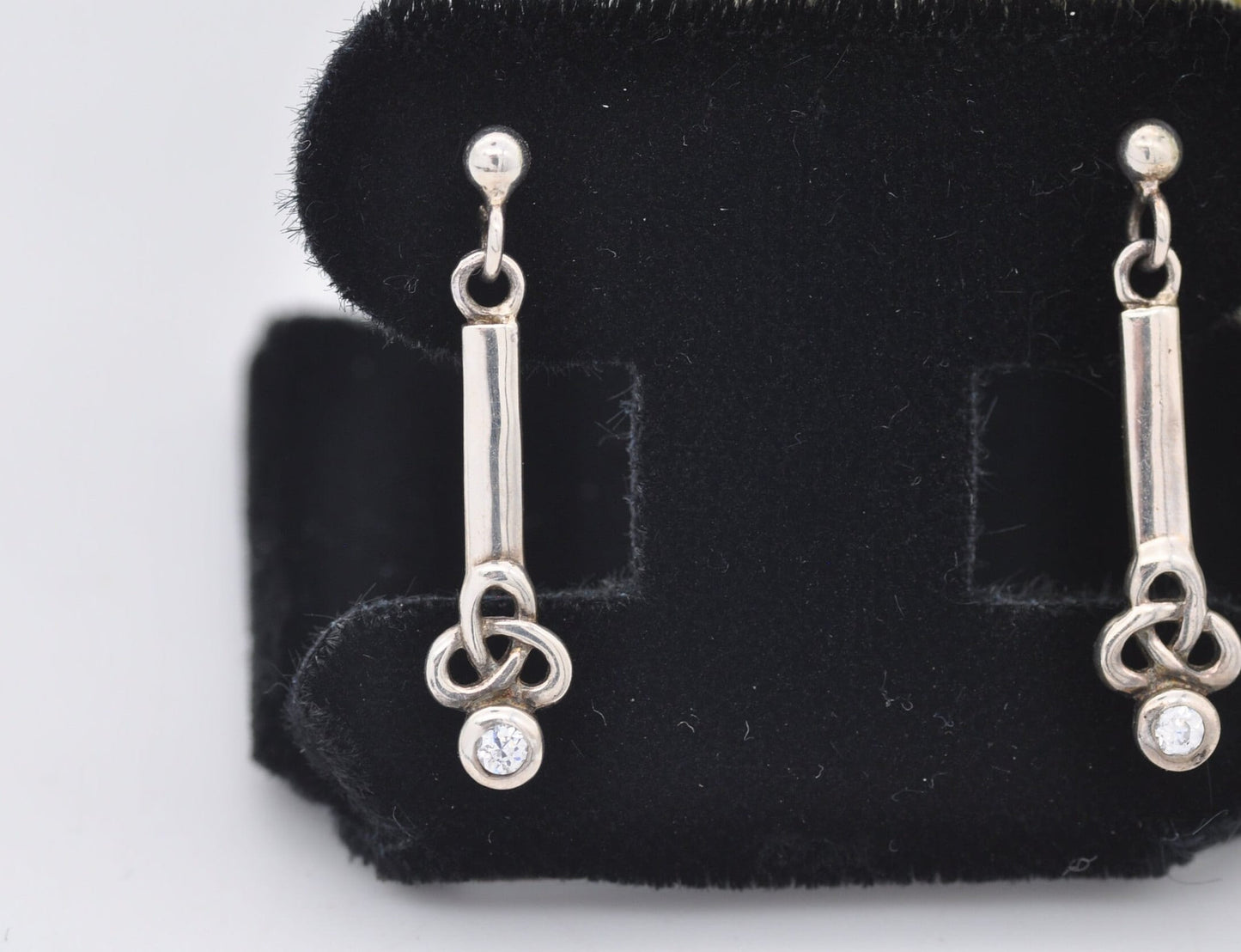 Vintage Kit Heath Sterling Silver Celtic Stud Drop Earrings Triquetra with White Stones