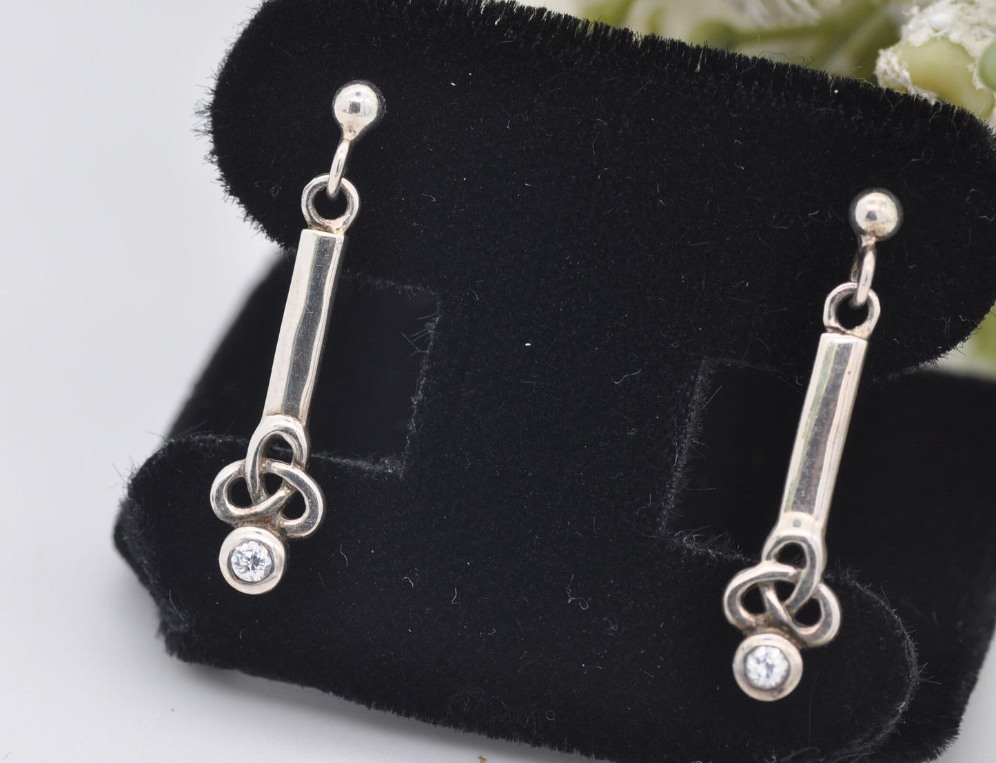 Vintage Kit Heath Sterling Silver Celtic Stud Drop Earrings Triquetra with White Stones