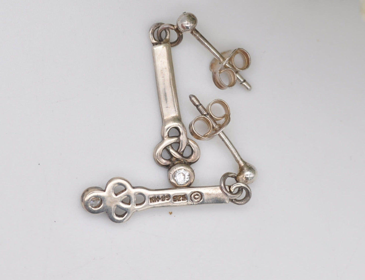 Vintage Kit Heath Sterling Silver Celtic Stud Drop Earrings Triquetra with White Stones