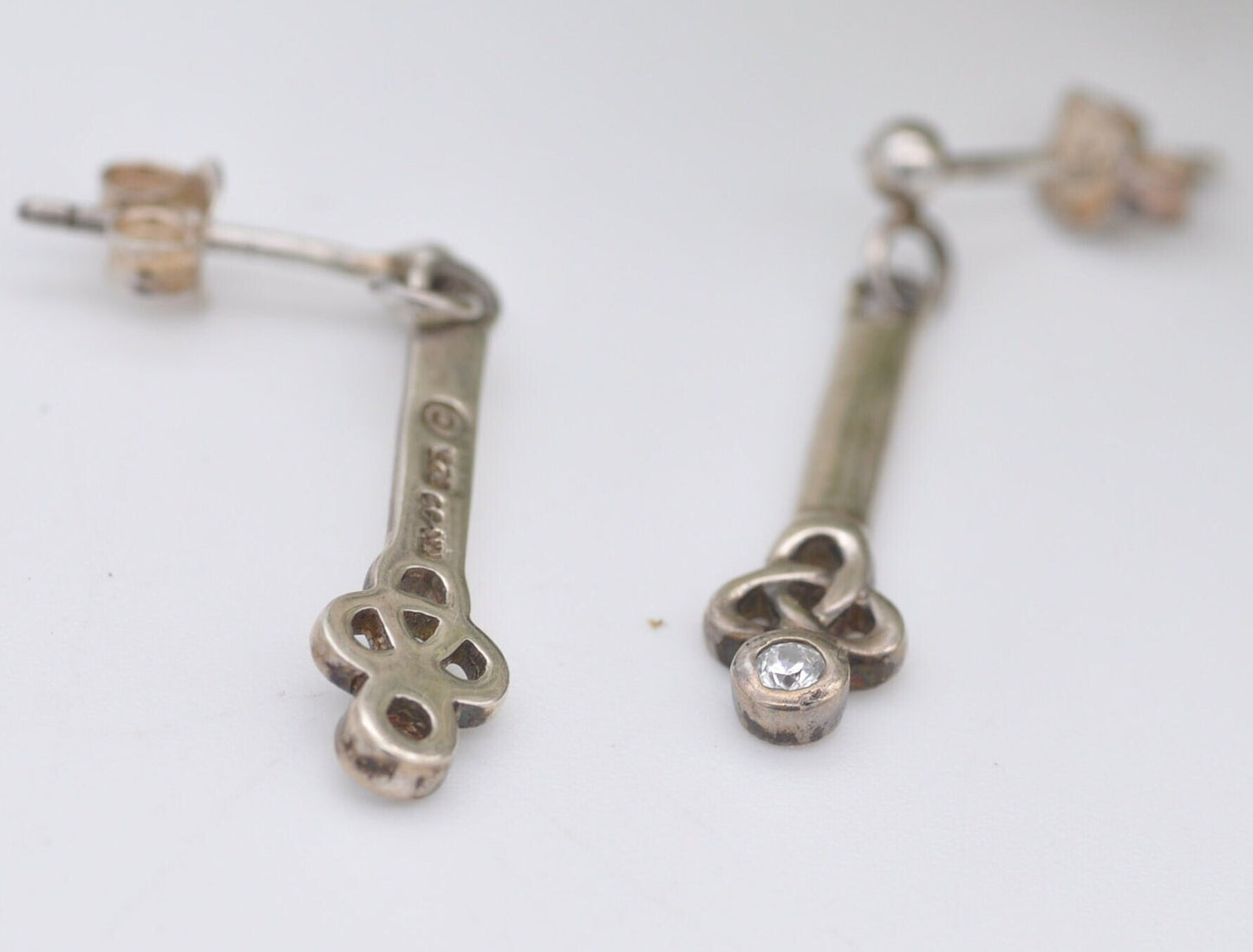 Vintage Kit Heath Sterling Silver Celtic Stud Drop Earrings Triquetra with White Stones