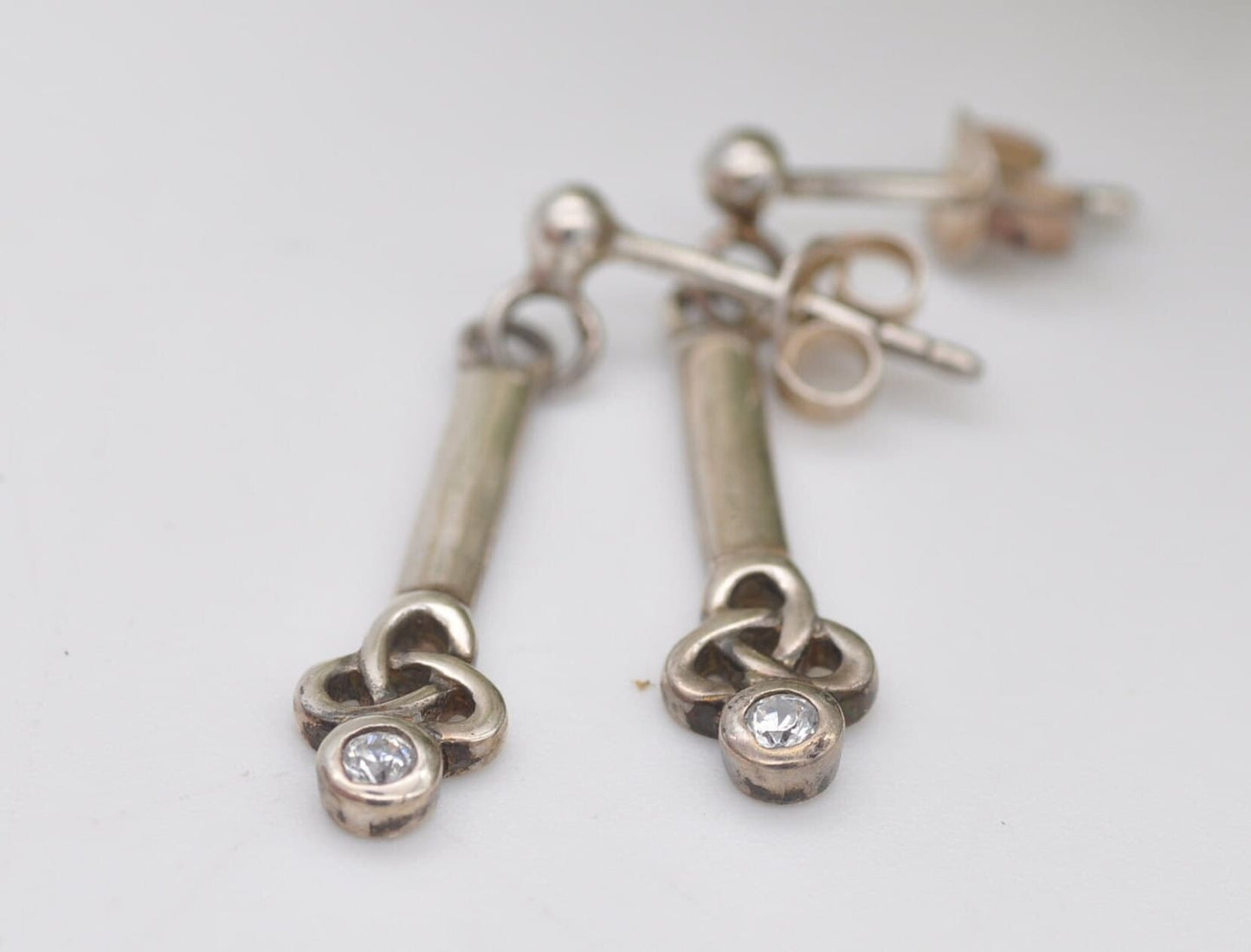 Vintage Kit Heath Sterling Silver Celtic Stud Drop Earrings Triquetra with White Stones