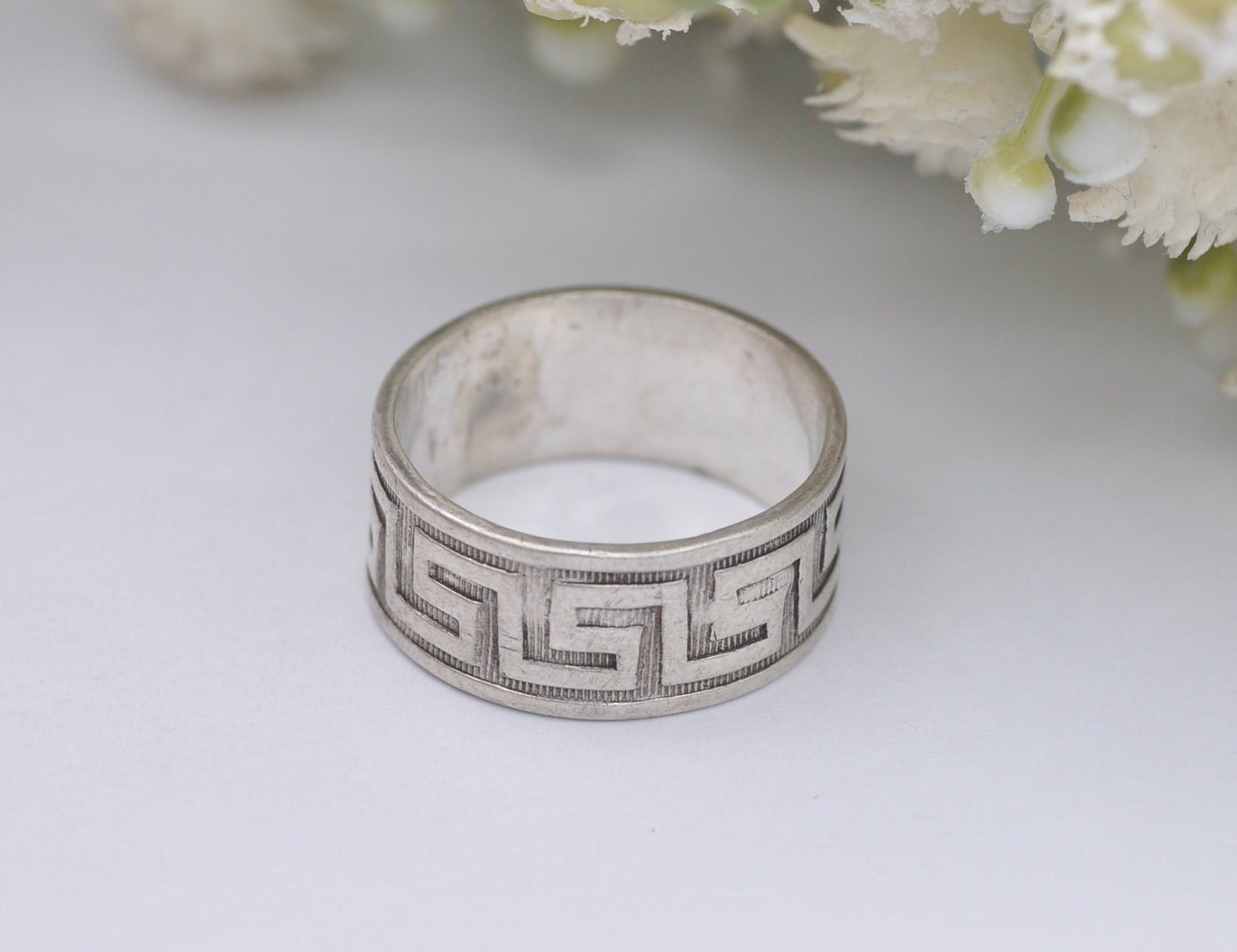 Vintage Sterling Silver Greek Key Band Ring - RLM 1977 Meander Band / Chunky Minimal / Unisex Silver / UK Size - L 1/2 / US Size - 6