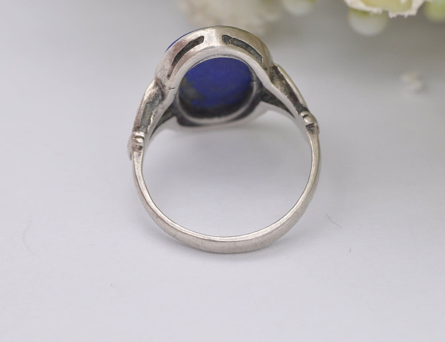 Silver Lapis Lazuli Ring Vintage - Oval Stone / Blue and Gold Stone Ring / 925 Sterling / Smooth Cabochon / UK Size - L / US Size - 5 3/4