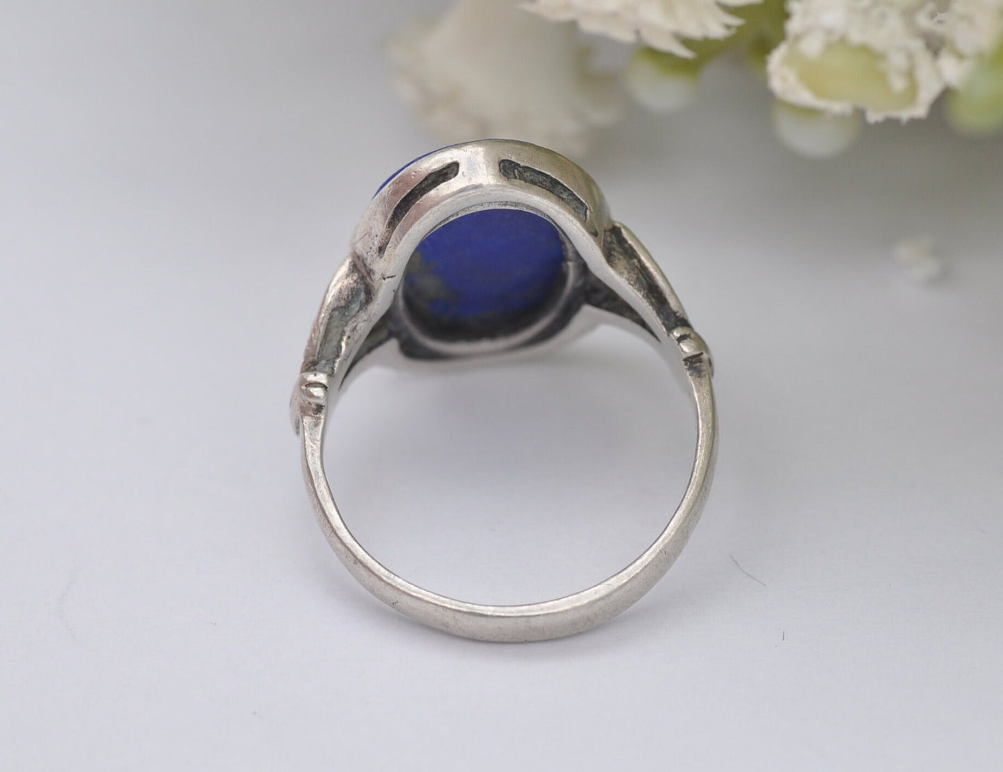 Silver Lapis Lazuli Ring Vintage - Oval Stone / Blue and Gold Stone Ring / 925 Sterling / Smooth Cabochon / UK Size - L / US Size - 5 3/4