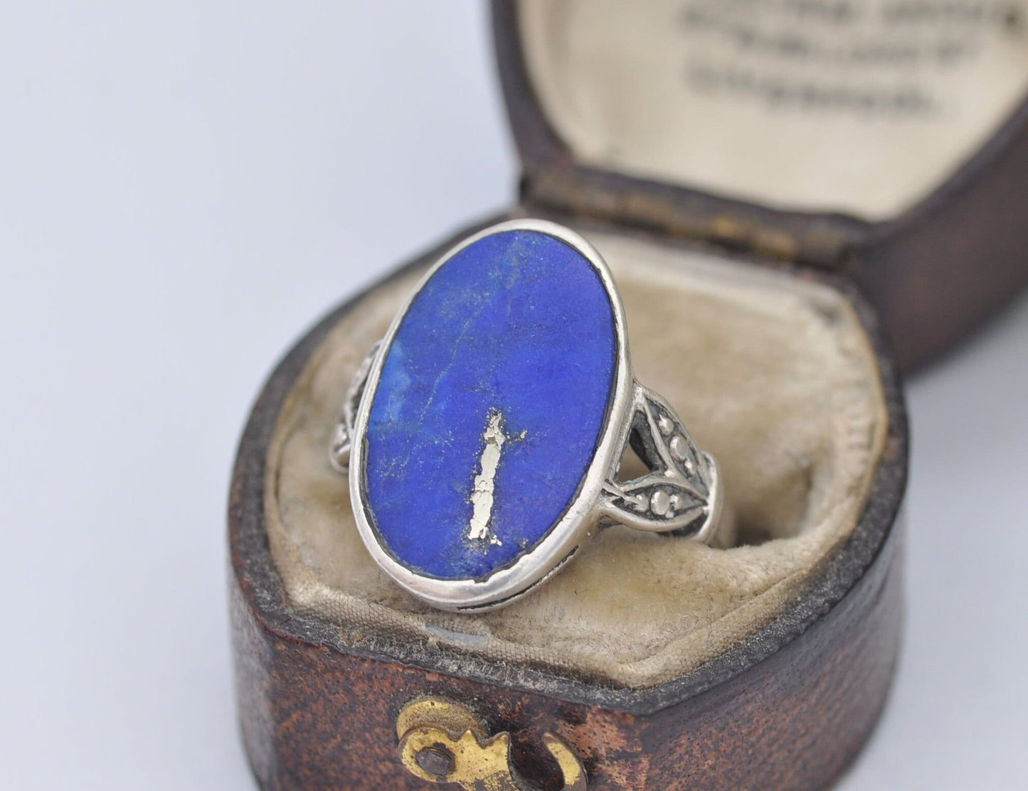 Silver Lapis Lazuli Ring Vintage - Oval Stone / Blue and Gold Stone Ring / 925 Sterling / Smooth Cabochon / UK Size - L / US Size - 5 3/4