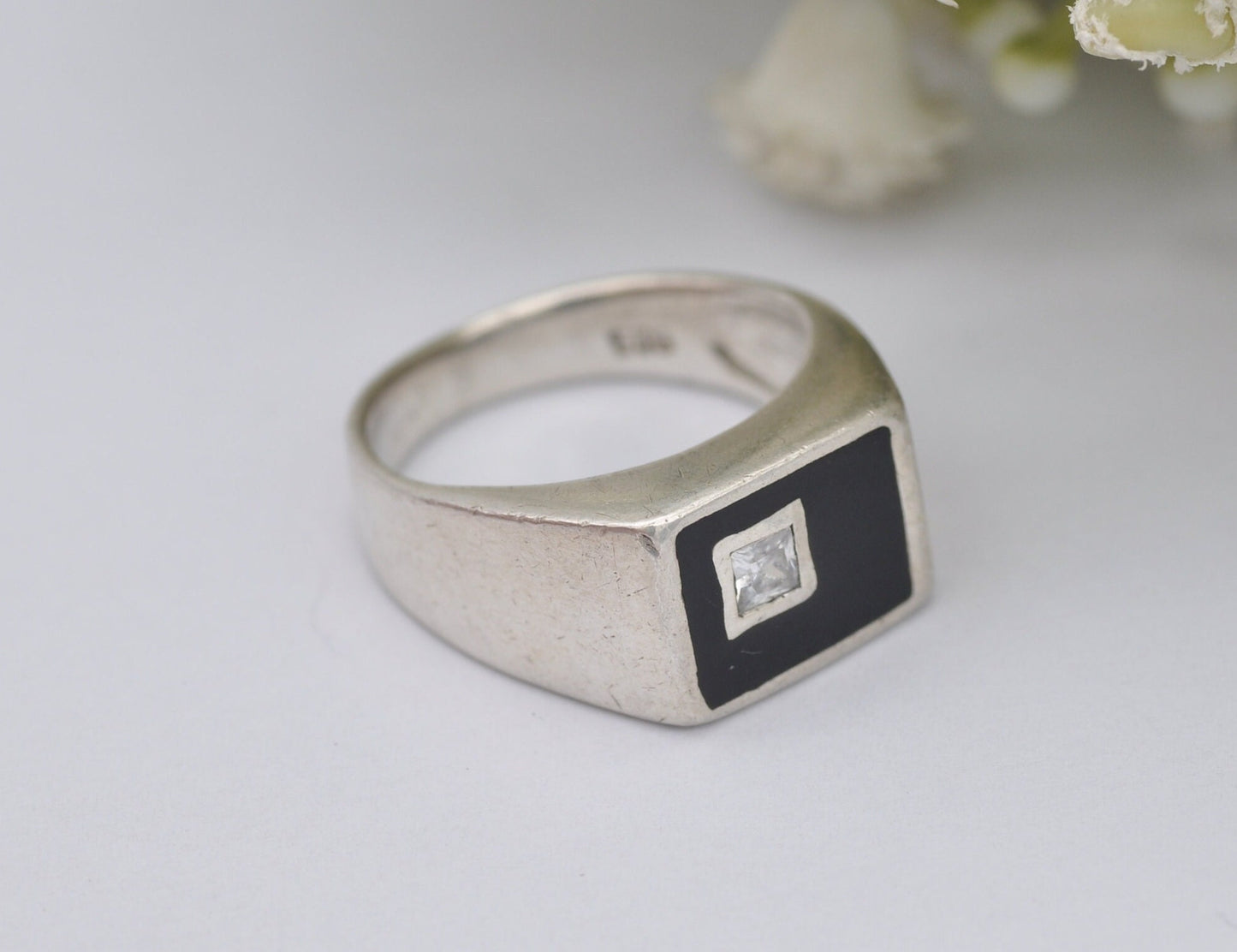 Silver & Onyx Signet Ring with Clear Stone - Vintage 925 Sterling / Statement Signet / Chunky Men's Ring / UK Size - P 1/2 / US Size - 7 3/4