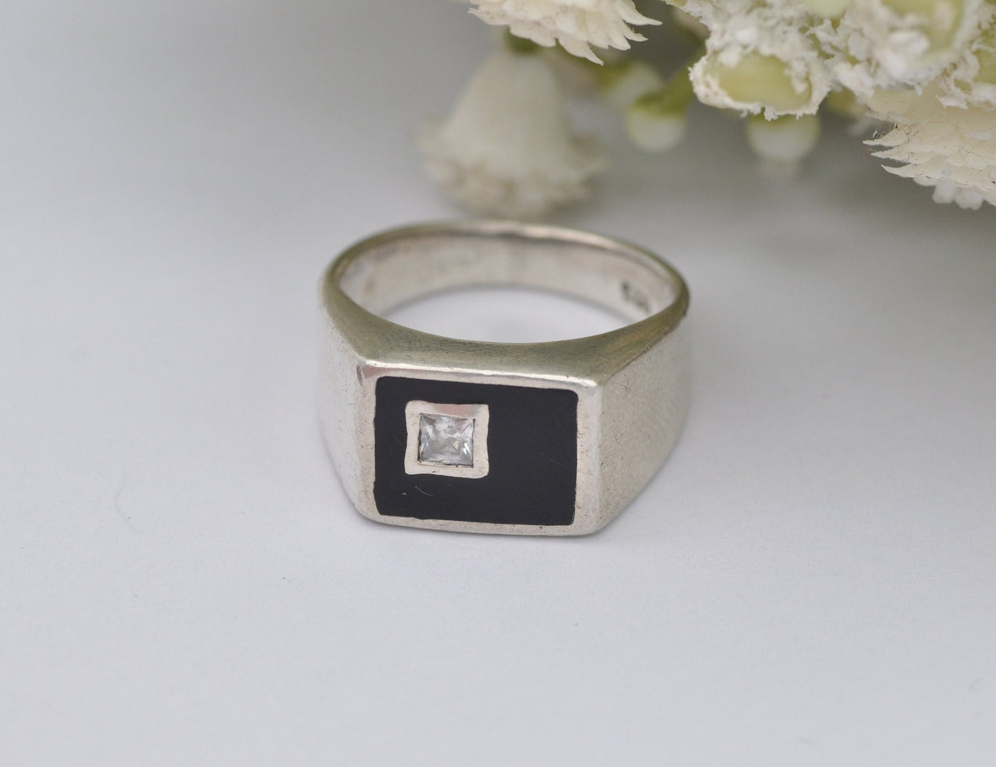 Silver & Onyx Signet Ring with Clear Stone - Vintage 925 Sterling / Statement Signet / Chunky Men's Ring / UK Size - P 1/2 / US Size - 7 3/4