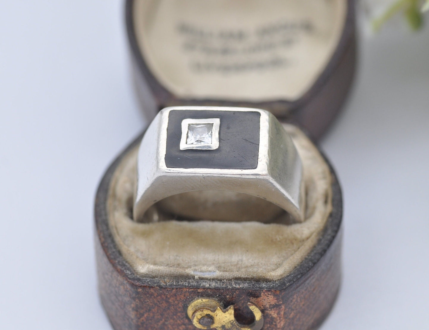 Silver & Onyx Signet Ring with Clear Stone - Vintage 925 Sterling / Statement Signet / Chunky Men's Ring / UK Size - P 1/2 / US Size - 7 3/4