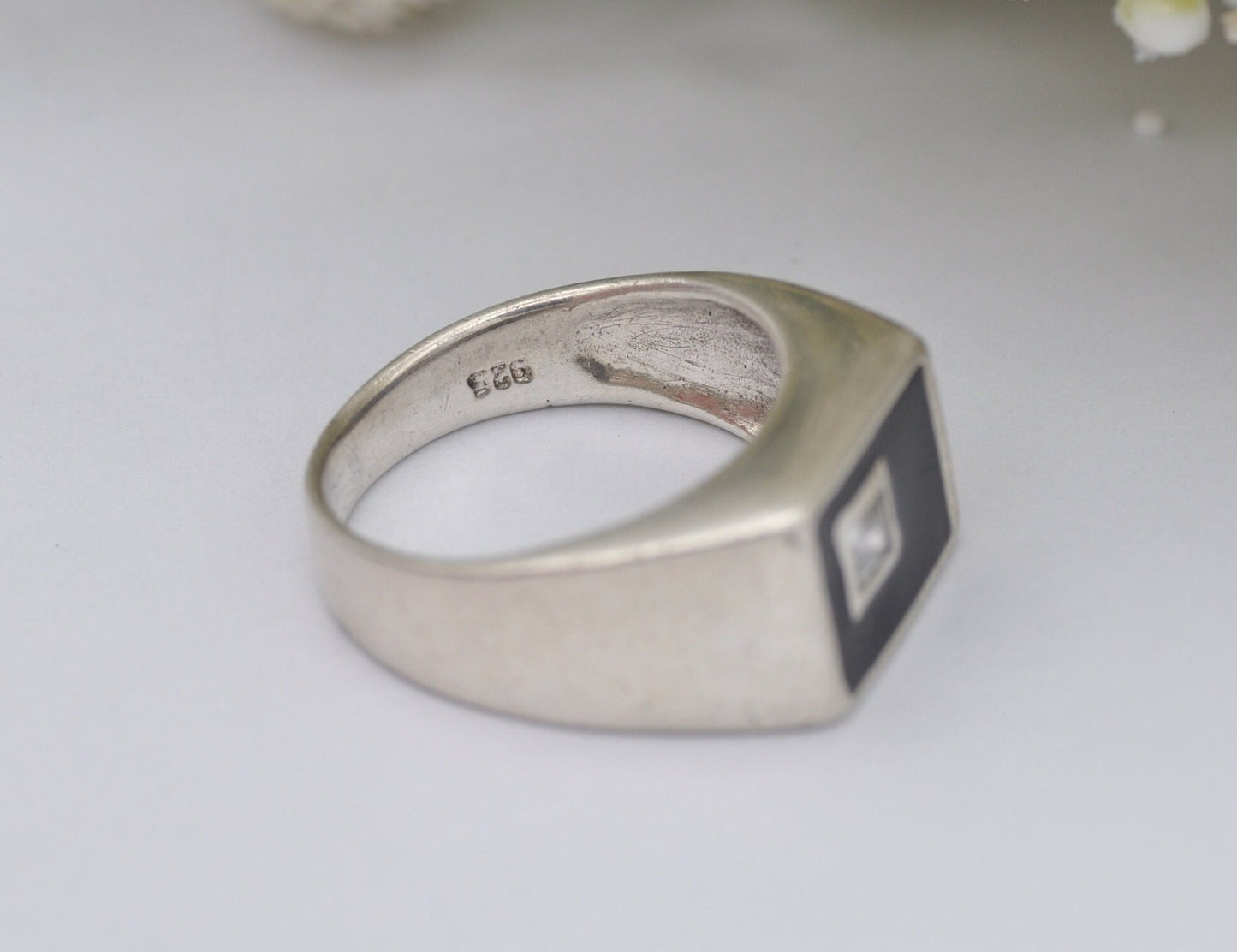 Silver & Onyx Signet Ring with Clear Stone - Vintage 925 Sterling / Statement Signet / Chunky Men's Ring / UK Size - P 1/2 / US Size - 7 3/4