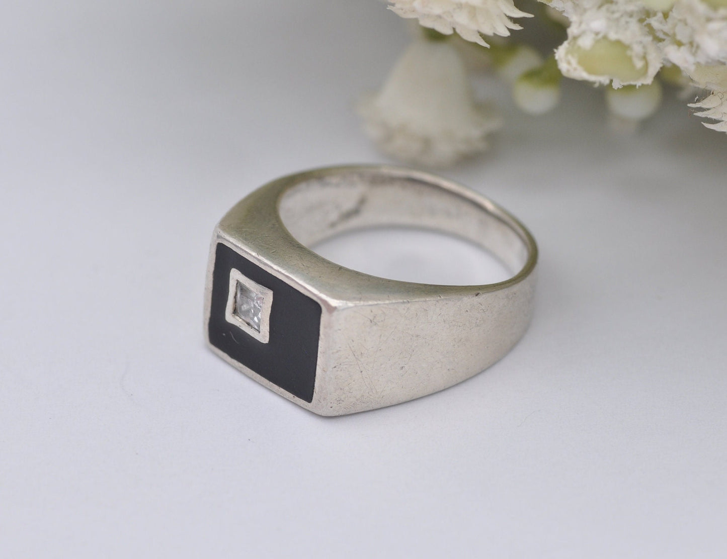 Silver & Onyx Signet Ring with Clear Stone - Vintage 925 Sterling / Statement Signet / Chunky Men's Ring / UK Size - P 1/2 / US Size - 7 3/4