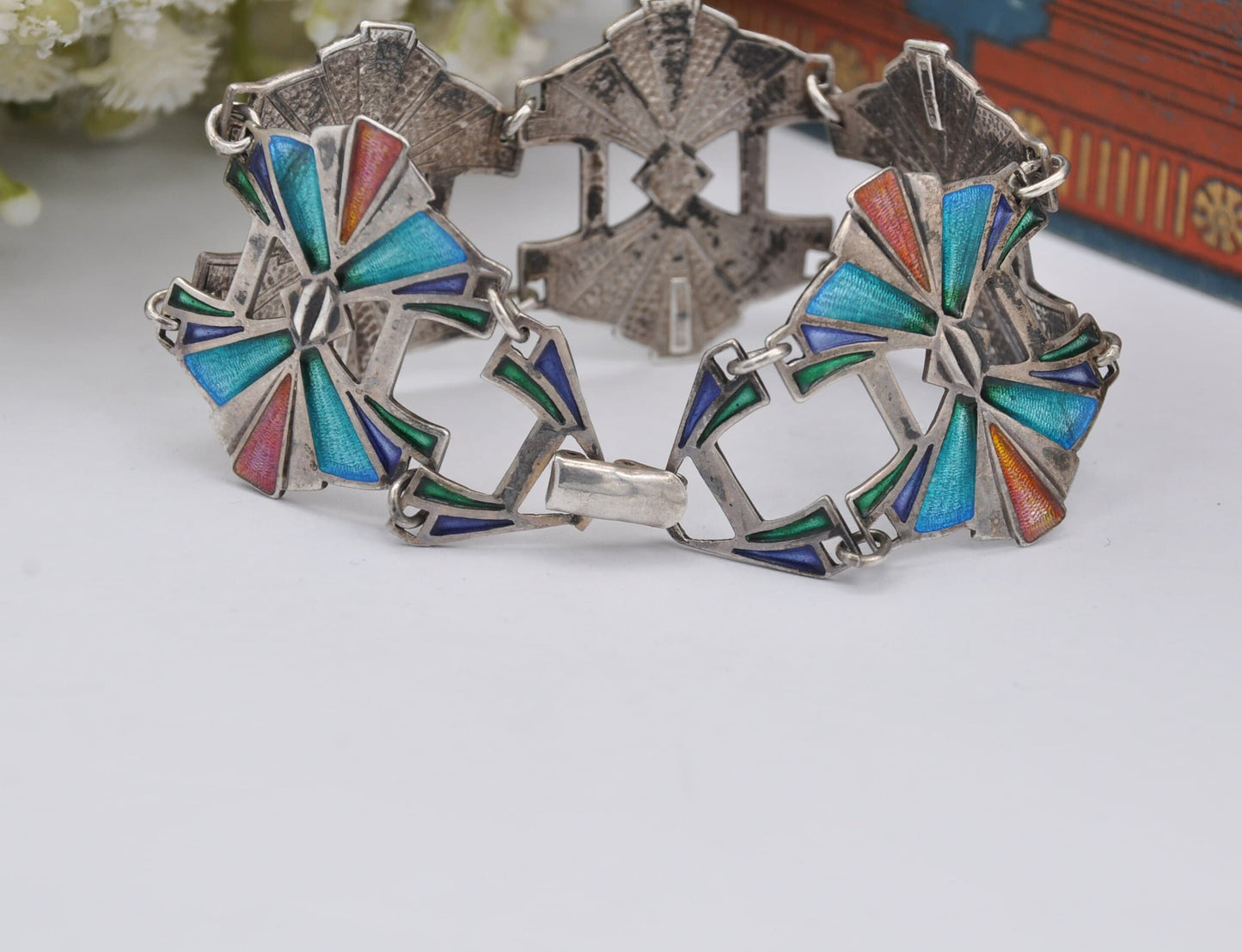 Vintage Pat Cheney Sterling Silver Enamel Panel Link Bracelet