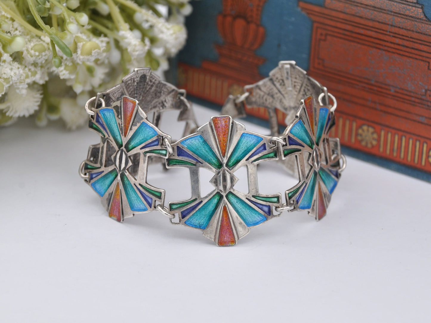 Vintage Pat Cheney Sterling Silver Enamel Panel Link Bracelet