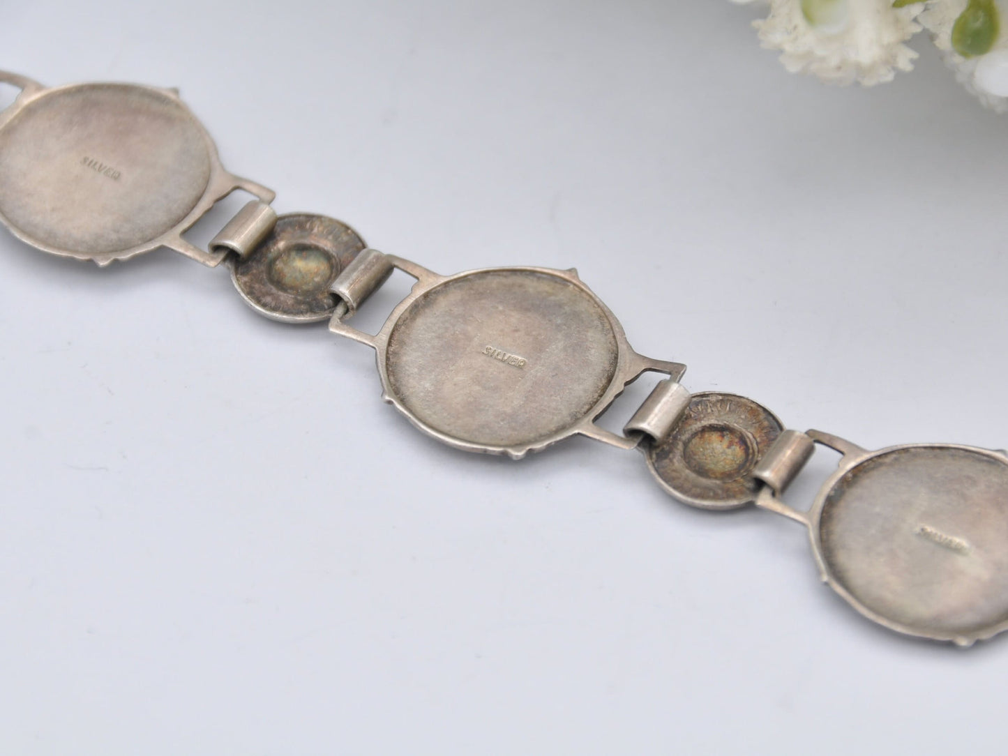 Vintage Scottish Sterling Silver Rose Enamel Panel Link Bracelet