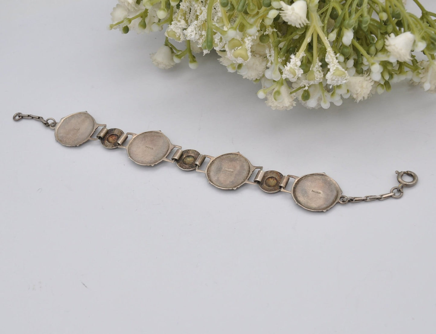Vintage Scottish Sterling Silver Rose Enamel Panel Link Bracelet