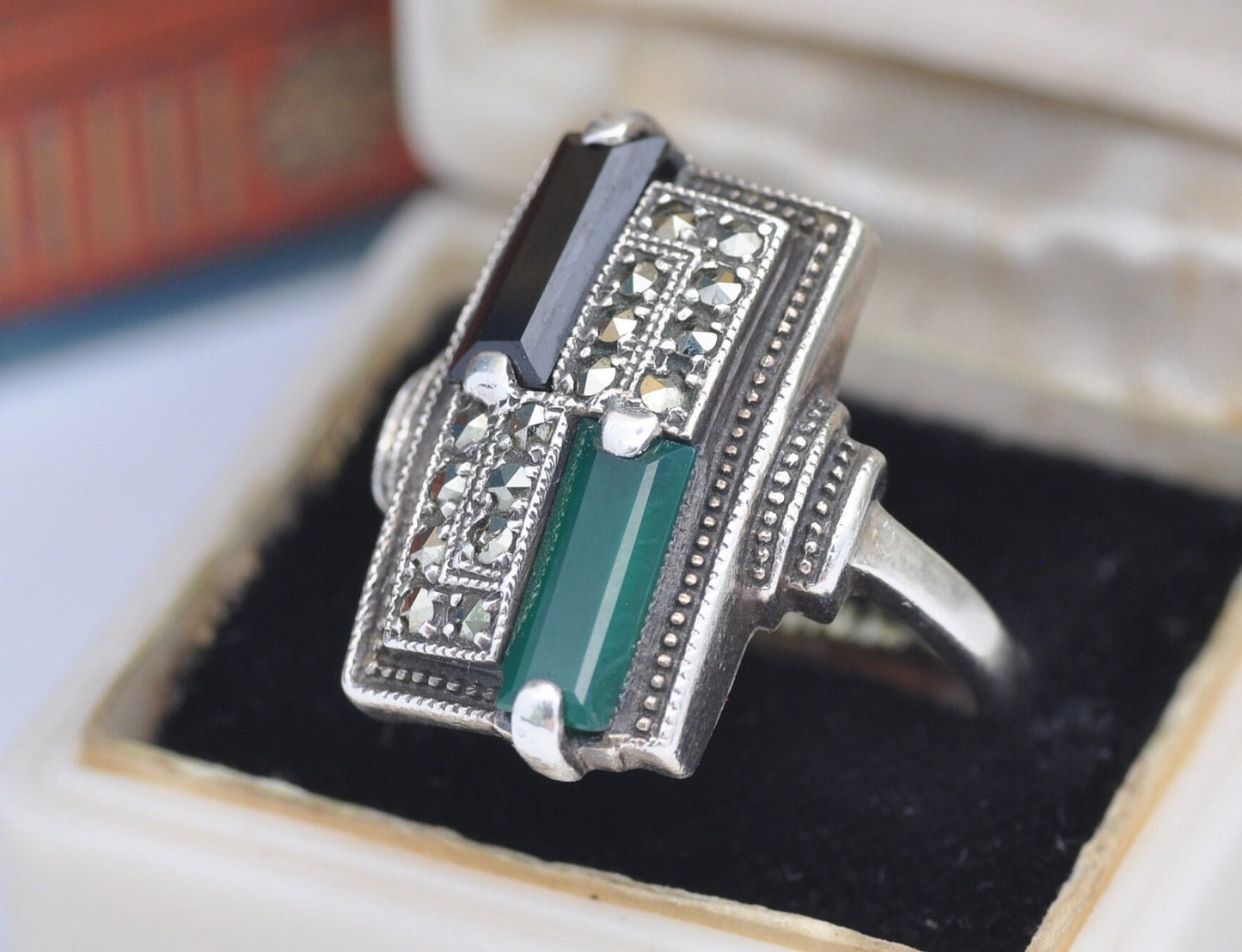 Vintage ART Sterling Silver Art Deco Style Ring 1990 - Chrysoprase Onyx Marcasite / UK Size - P 1/2 / US Size - 7 3/4