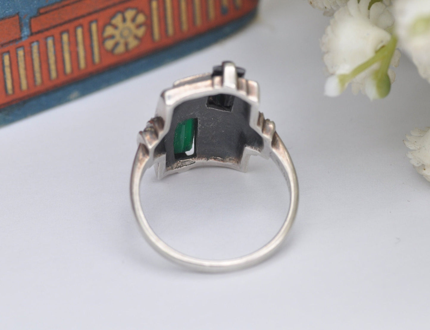 Vintage ART Sterling Silver Art Deco Style Ring 1990 - Chrysoprase Onyx Marcasite / UK Size - P 1/2 / US Size - 7 3/4