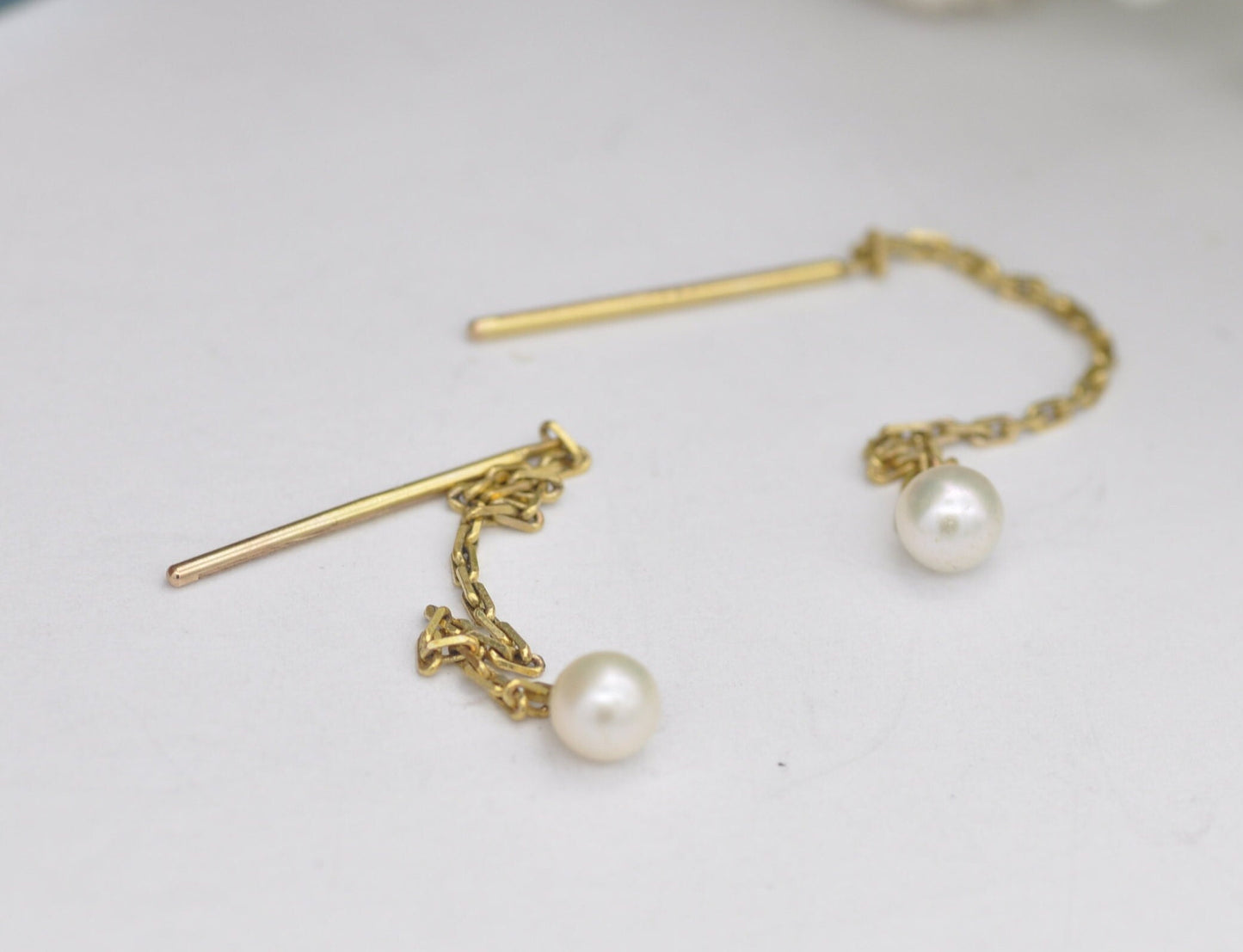 Vintage 9ct Gold Pearl Drop Threader Earrings 1981