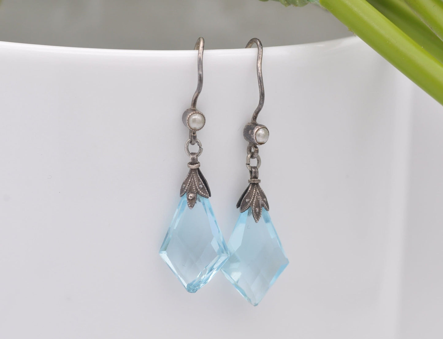 Antique Art Deco Sterling Silver Blue Glass Seed Pearl Drop Earrings