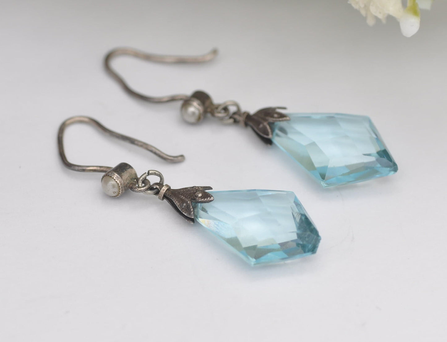 Antique Art Deco Sterling Silver Blue Glass Seed Pearl Drop Earrings